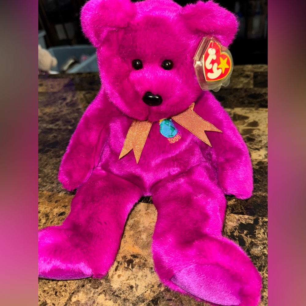 🌎 Ty Beanie Buddy Millennium Bear 2000 Magenta Plush W/ Gold Ribbon Y2K Edition